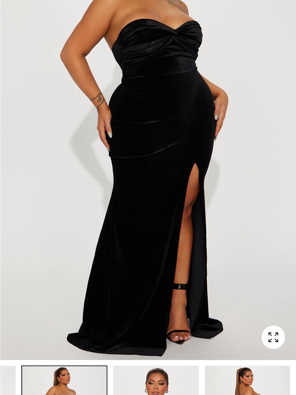 Fashion Nova Black Strapless Velvet Gown with Thigh Slit